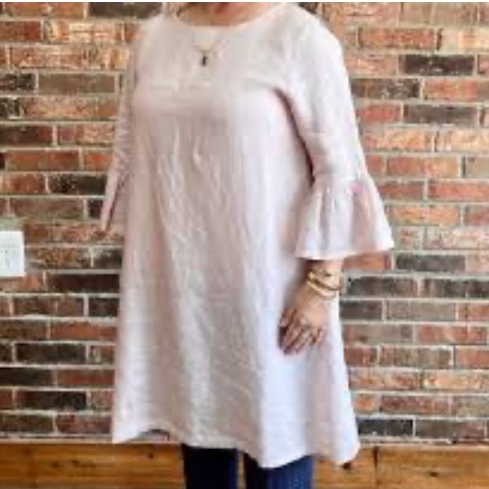 Bryn Walker 100% Linen Ruffle Sleeve Shift Dress Oatmeal Tan Women Sm Oversized
